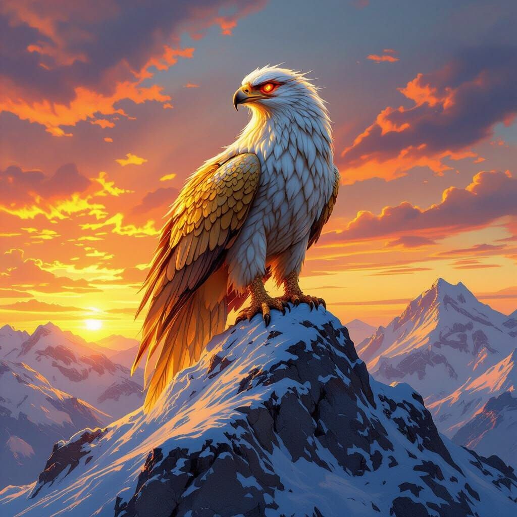 Golden Griffin on Snow Mountain at Sunrise