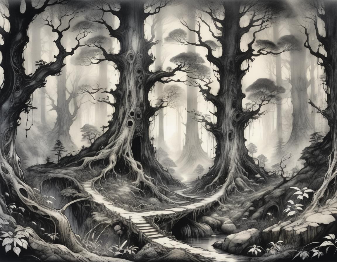 Mystical Forest Illustration in Arthur Rackham Style