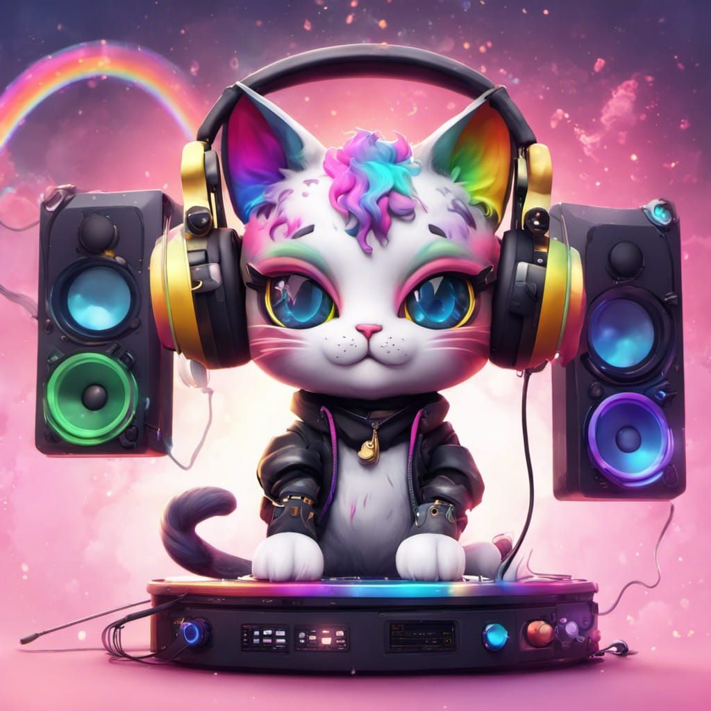 Chibi Punk Cat DJ in Rainbow Ombre
