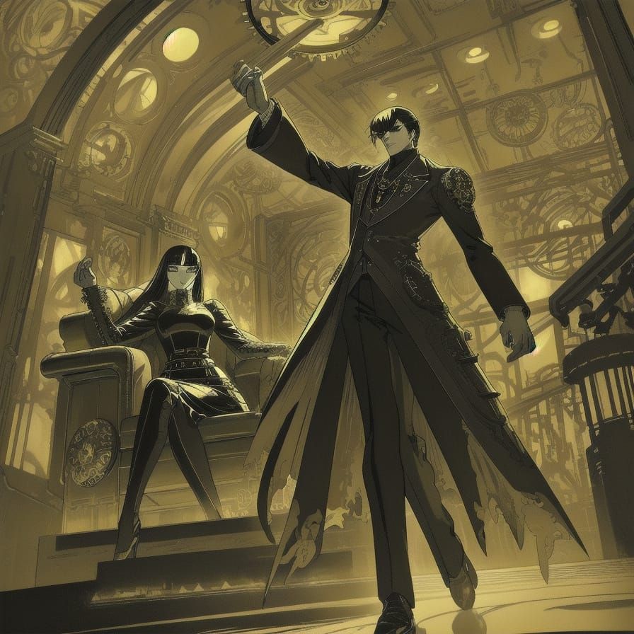 Confident Gentleman in Retro-Futuristic Steampunk Ballroom