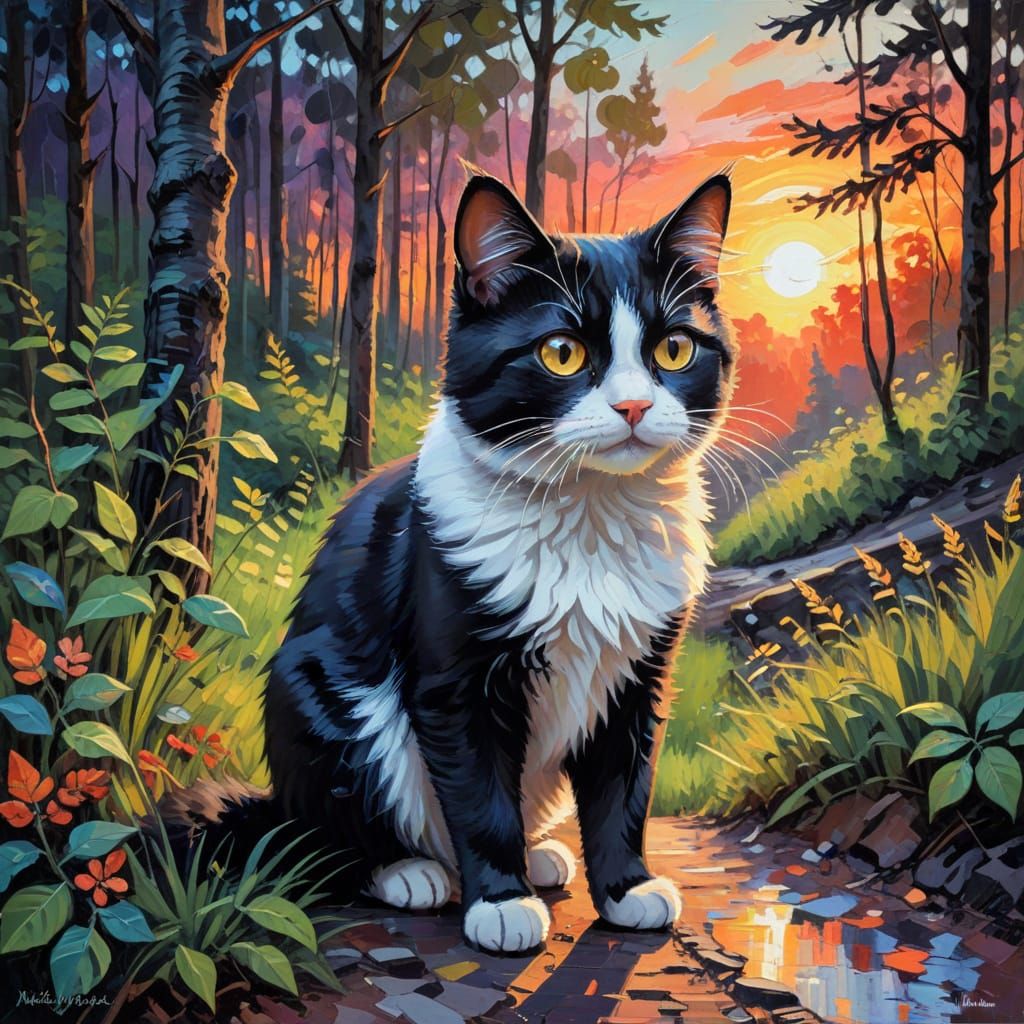 Fluffy Cat on Forest Path: Impasto Oil Painting