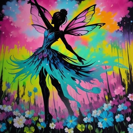 Fairy Silhouette in Blooming Flower Forest Graffiti Art