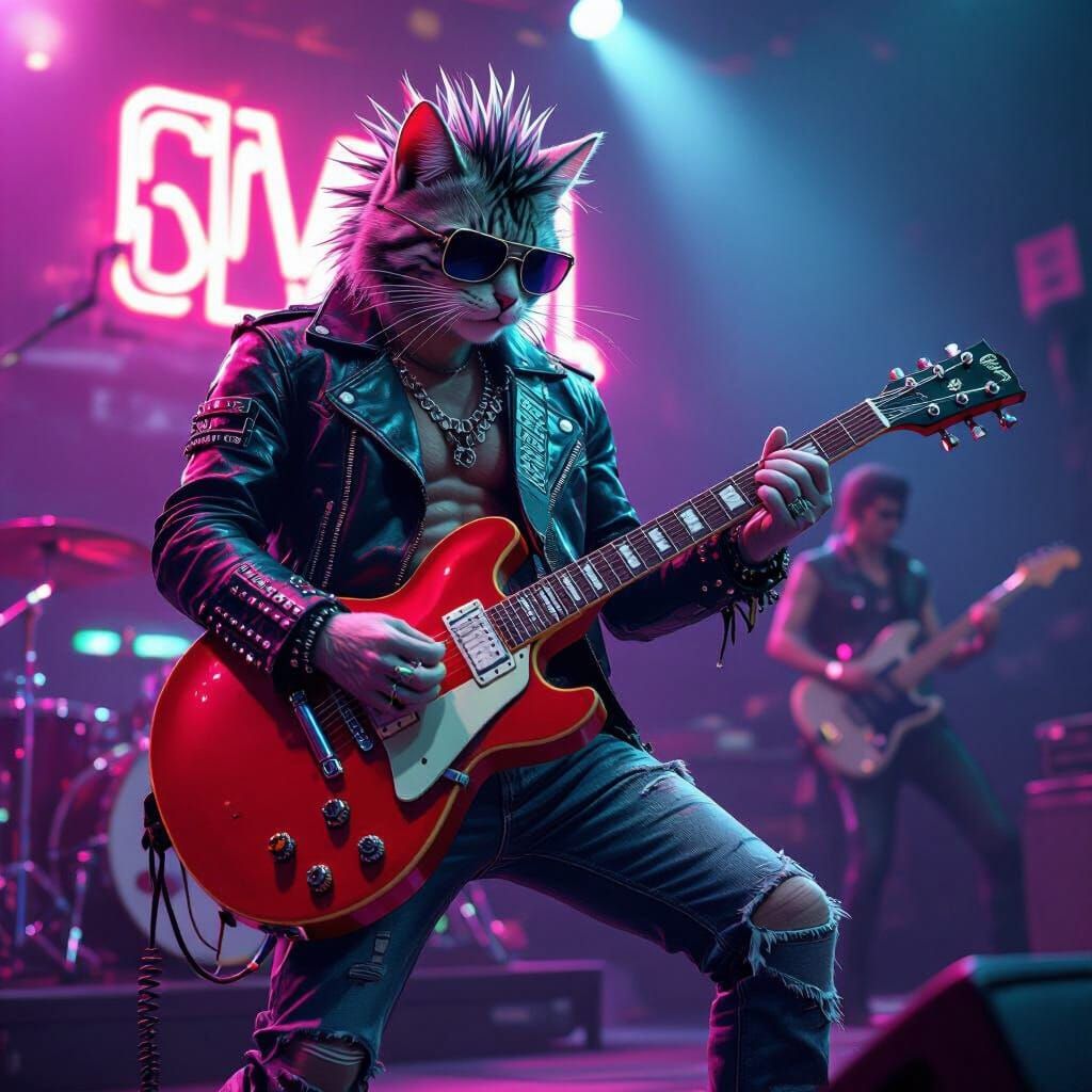 Cyberpunk Cat Rockstar Shreds on Neon Stage