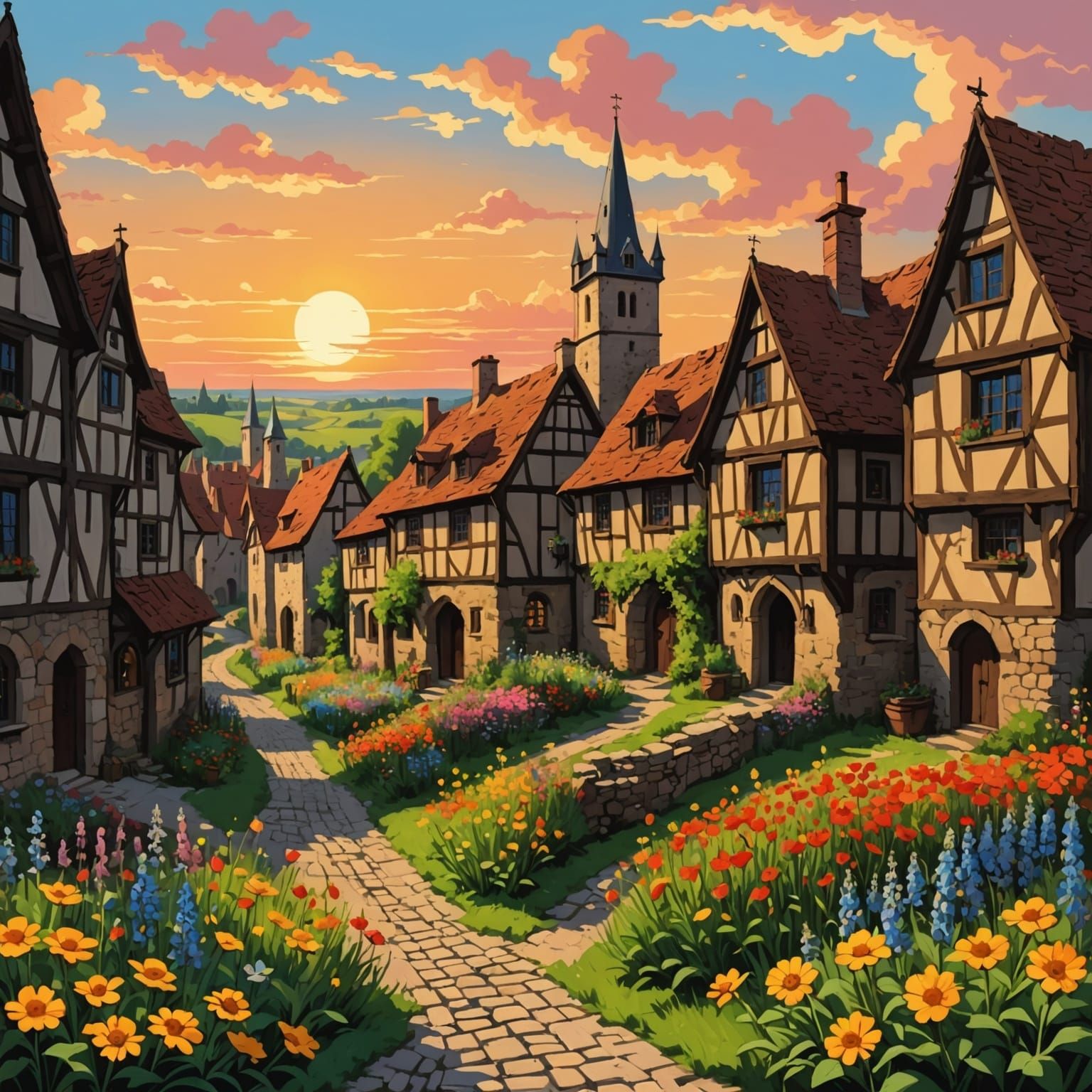 Colorful Medieval Town at Sunset: Anime Style