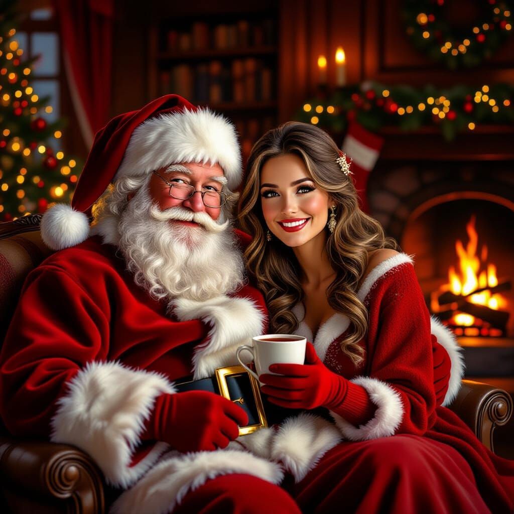 Santa Claus Relaxing with His Wife by the Fire
