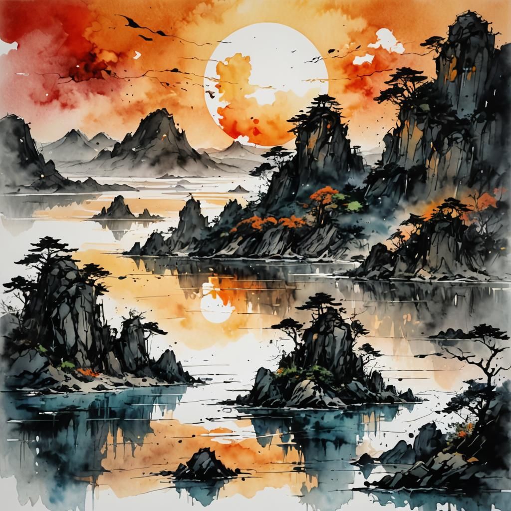 Ethereal Sunset at Mythical Island, Watercolor Painting