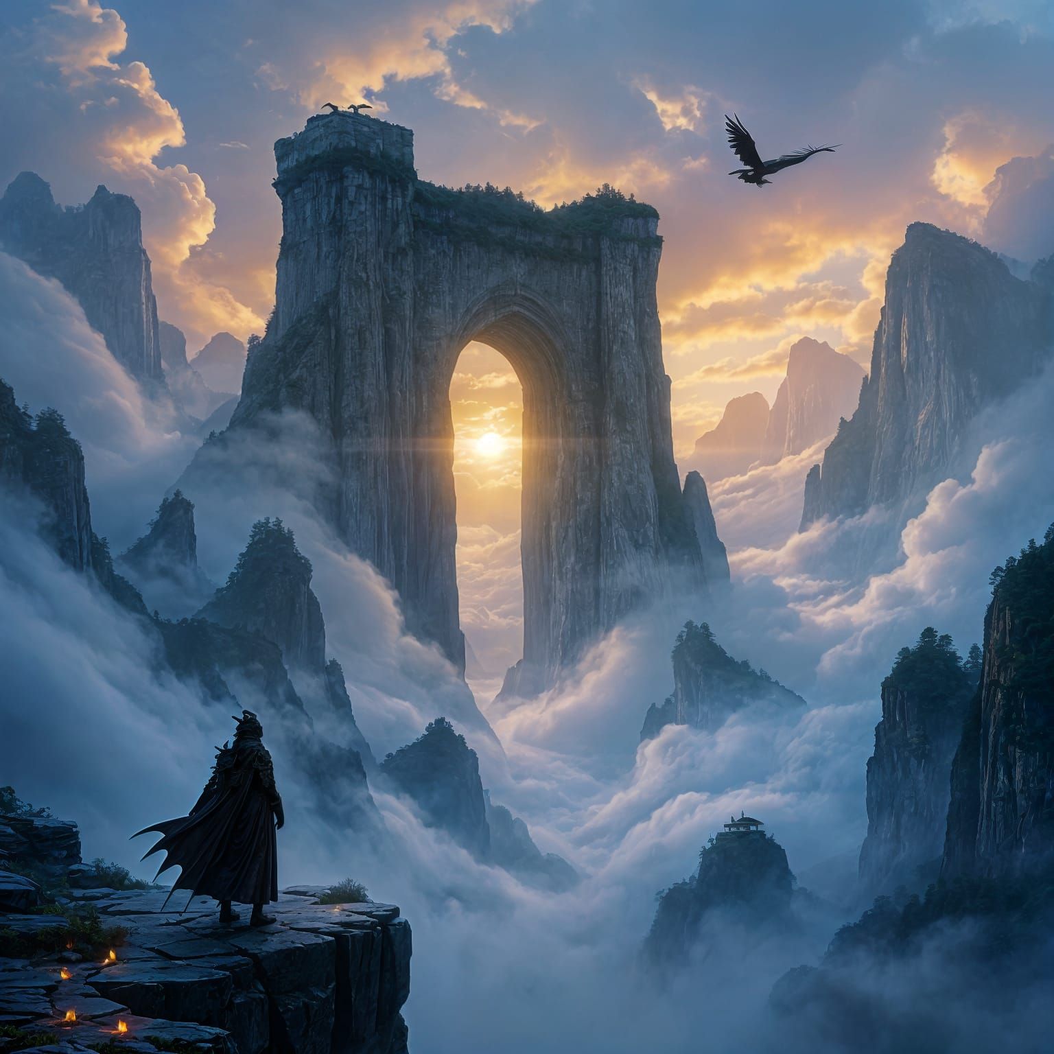 Misty Mountains Gate at Dawn: Fantasy Landscape