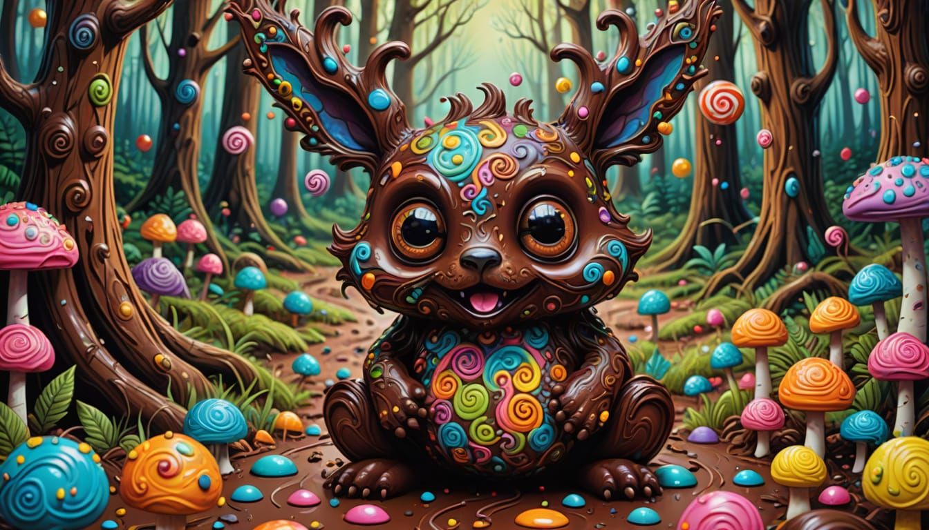 Vibrant Whimsical Chocolate Forest Creature in Gouache Swirl...