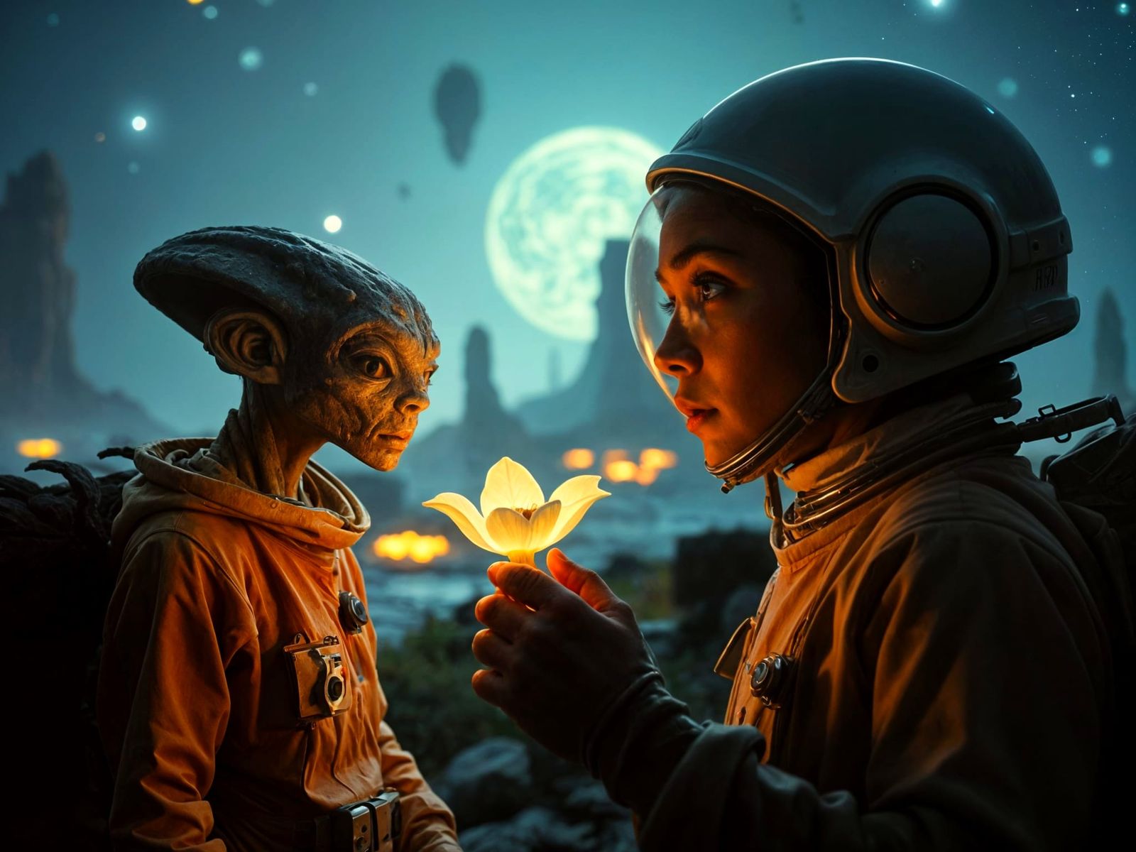 Astronaut Meets Alien in Vibrant Cosmos