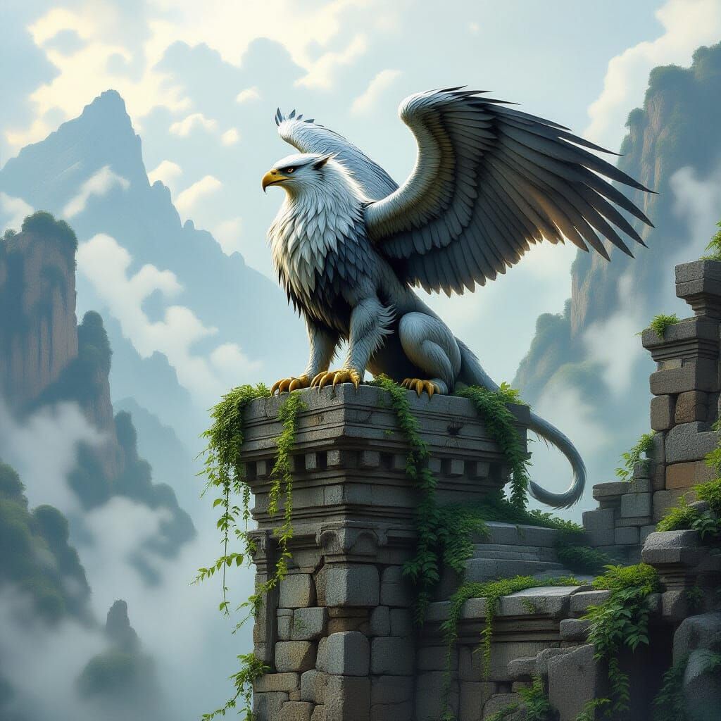 Majestic Griffin on Ancient Ruins in Dark Fantasy Style
