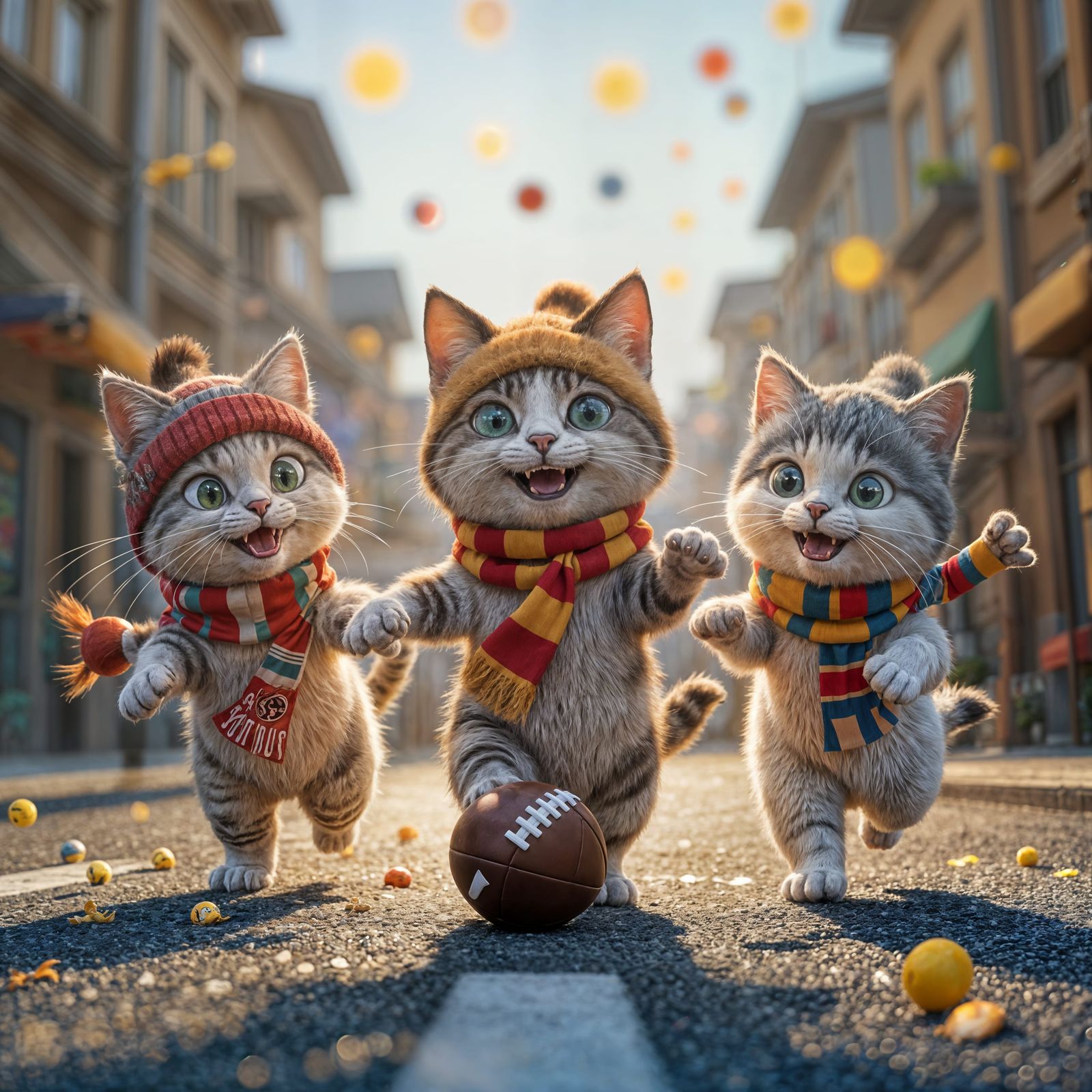 Cats Playing Football in Street, 3D Digital Art