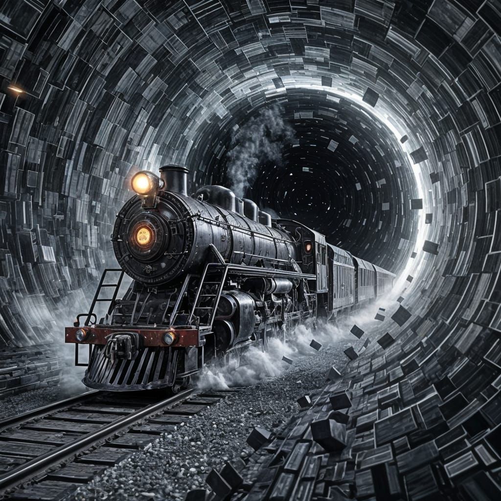 Obsidian Train Enters Black Hole in Sci-Fi Surrealism