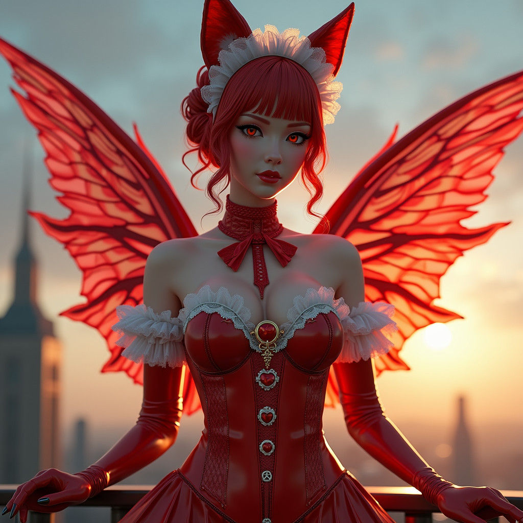 Elegant Fox Fairy in Red Latex Bodysuit