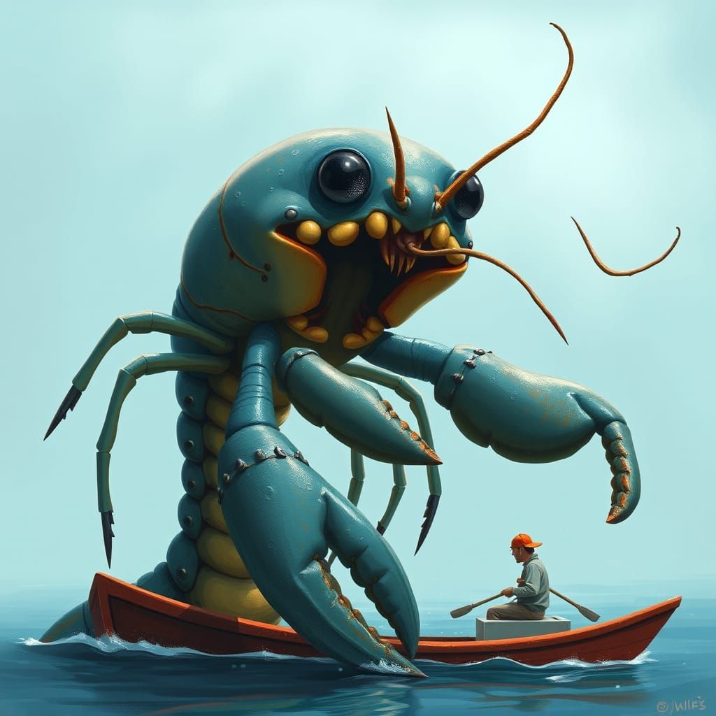 Giant Blue Lobster Menaces Fisherman at Sea