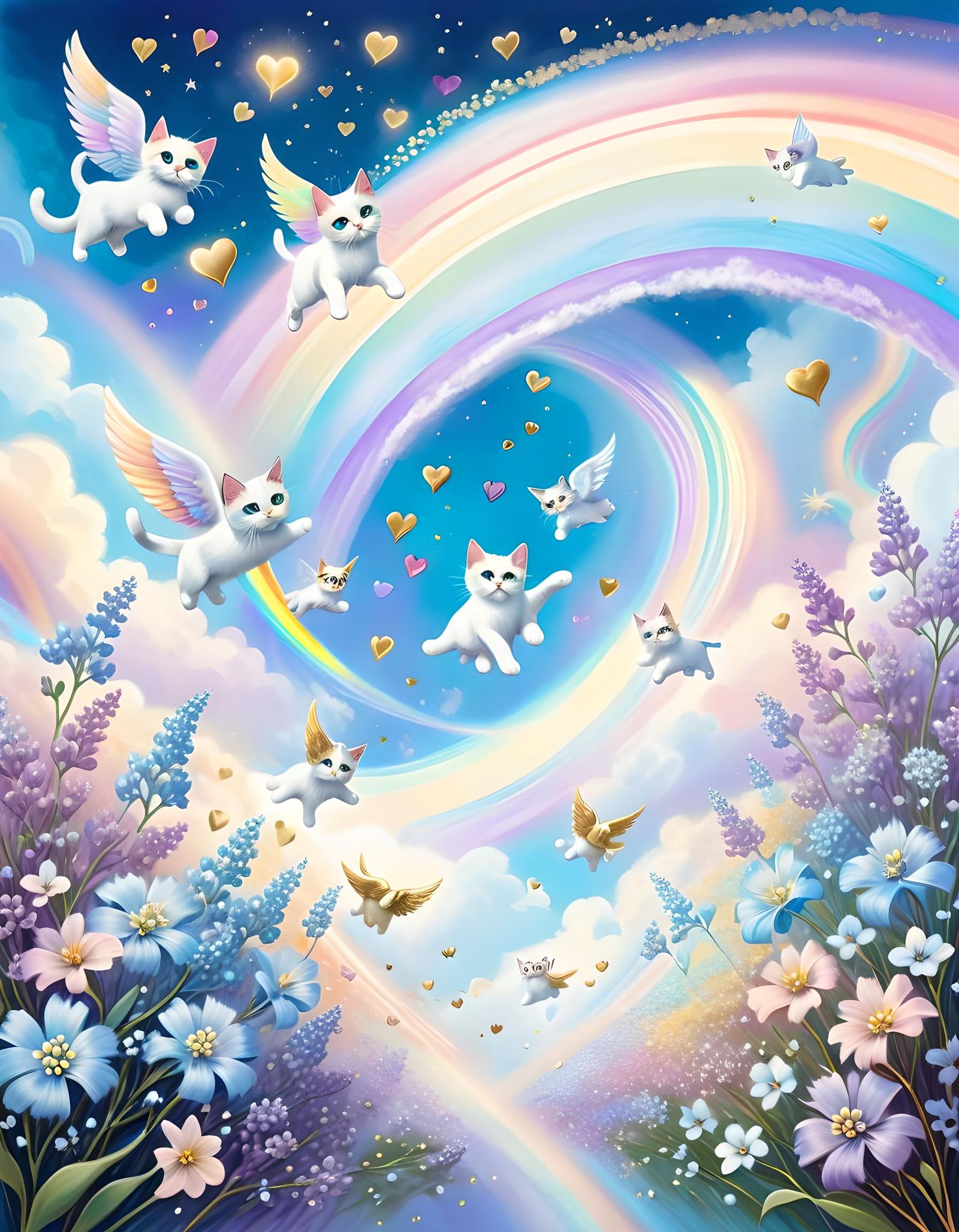 Cat Angels Fly on Rainbow Sky: Renaissance Art
