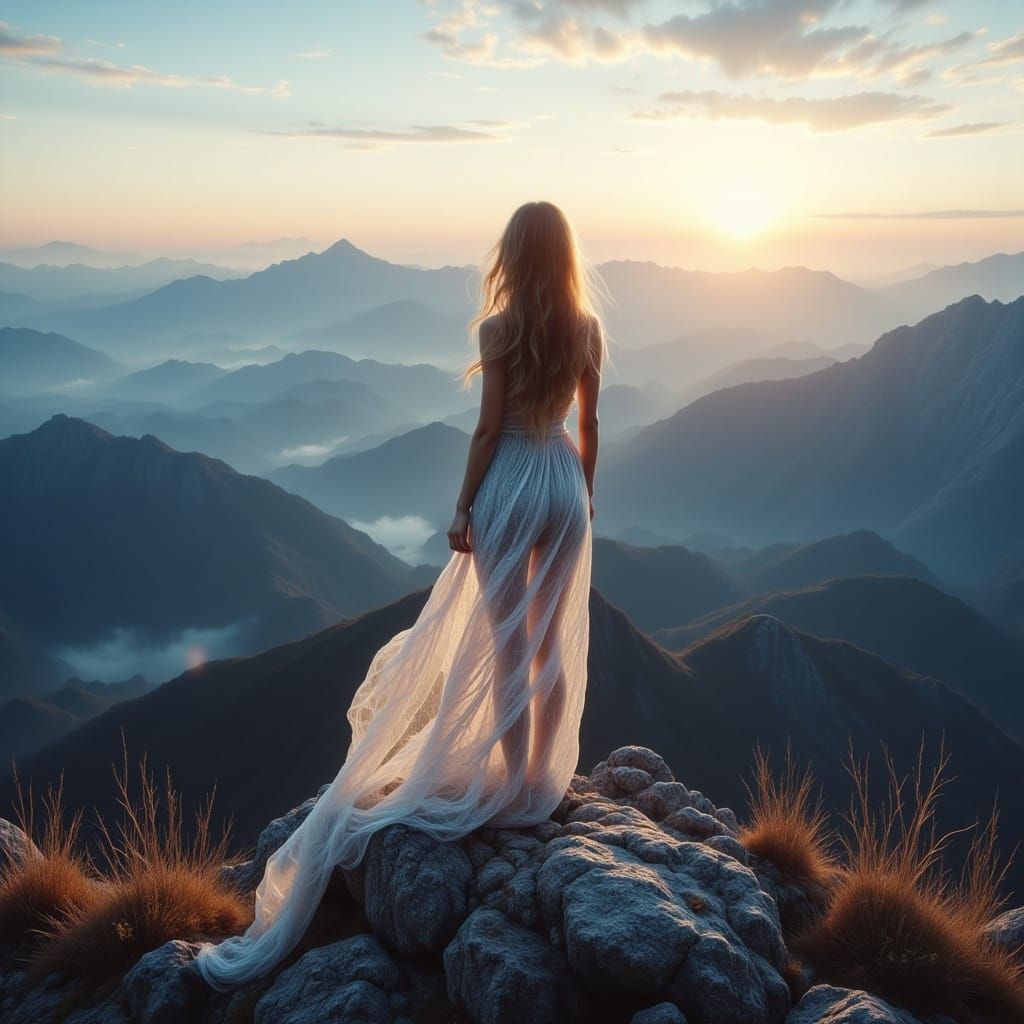 Woman on Mountain Peak with Skyline