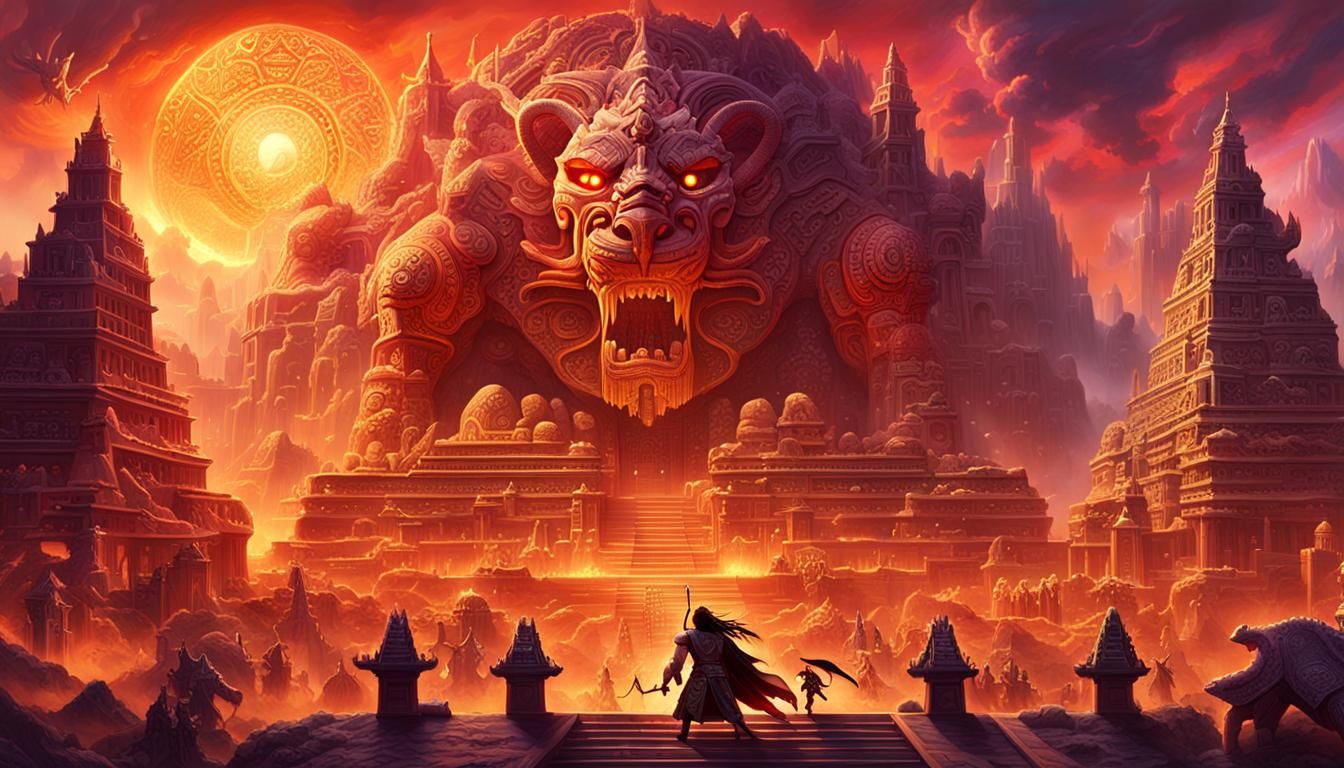 Epic Aztec Battle: Marduk vs Tiamat in Fantasy Landscape