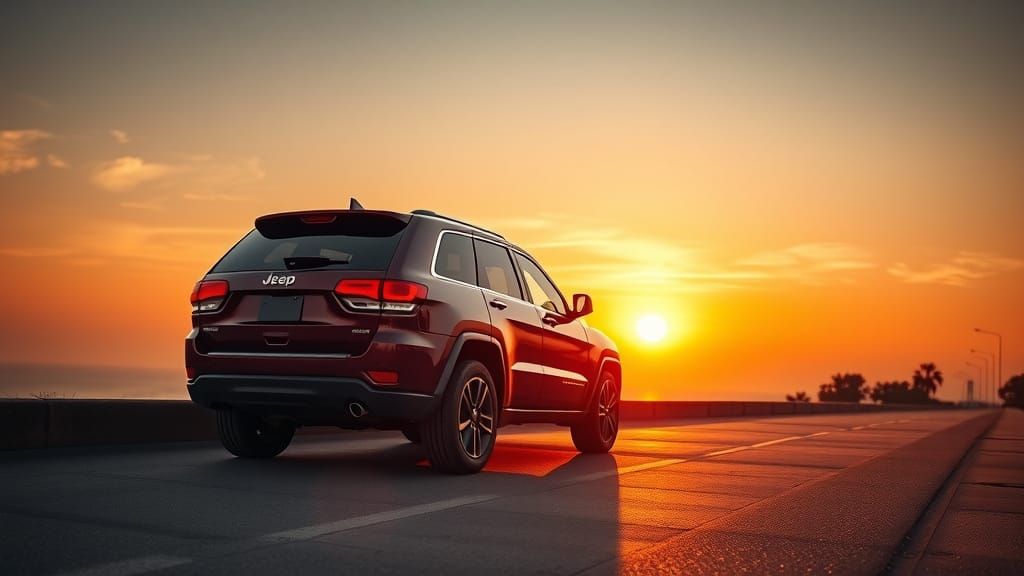 Burgundy Jeep Grand Cherokee at Sunset