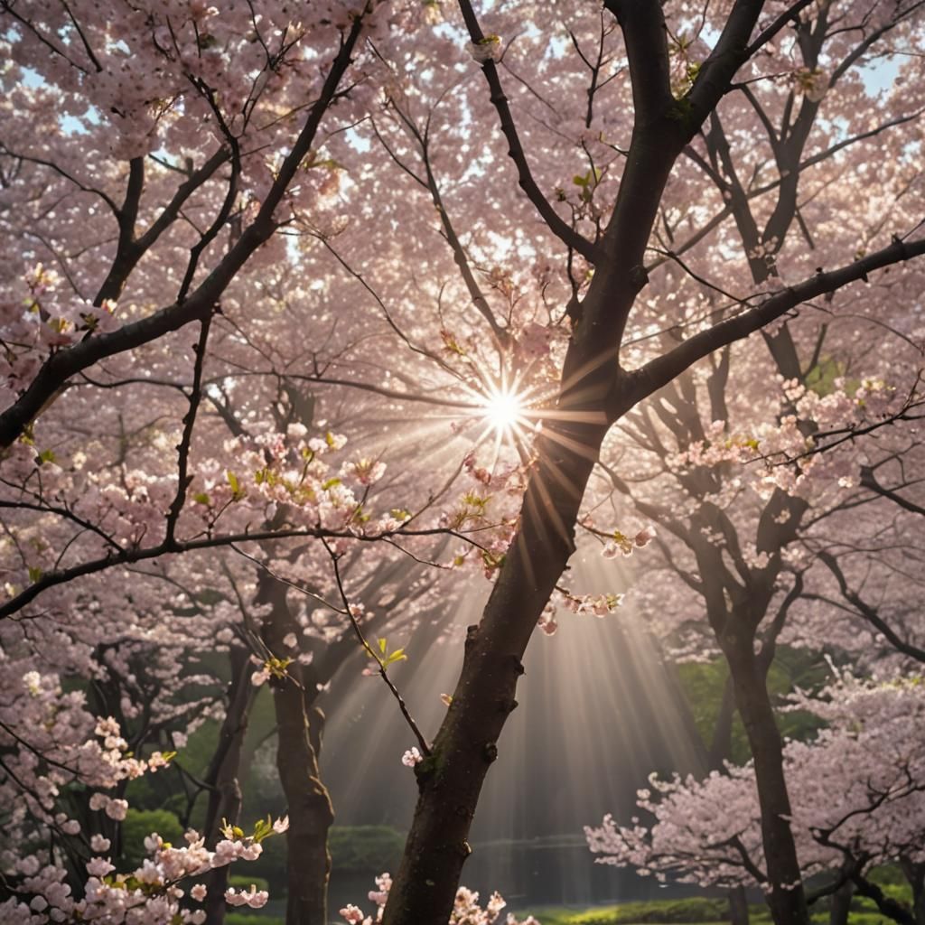 Surreal Cherry Blossom Scene with God Rays