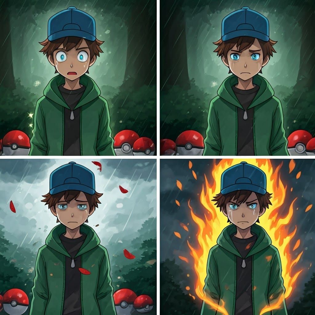 Emotional Pokémon Trainer in Dynamic Anime Style