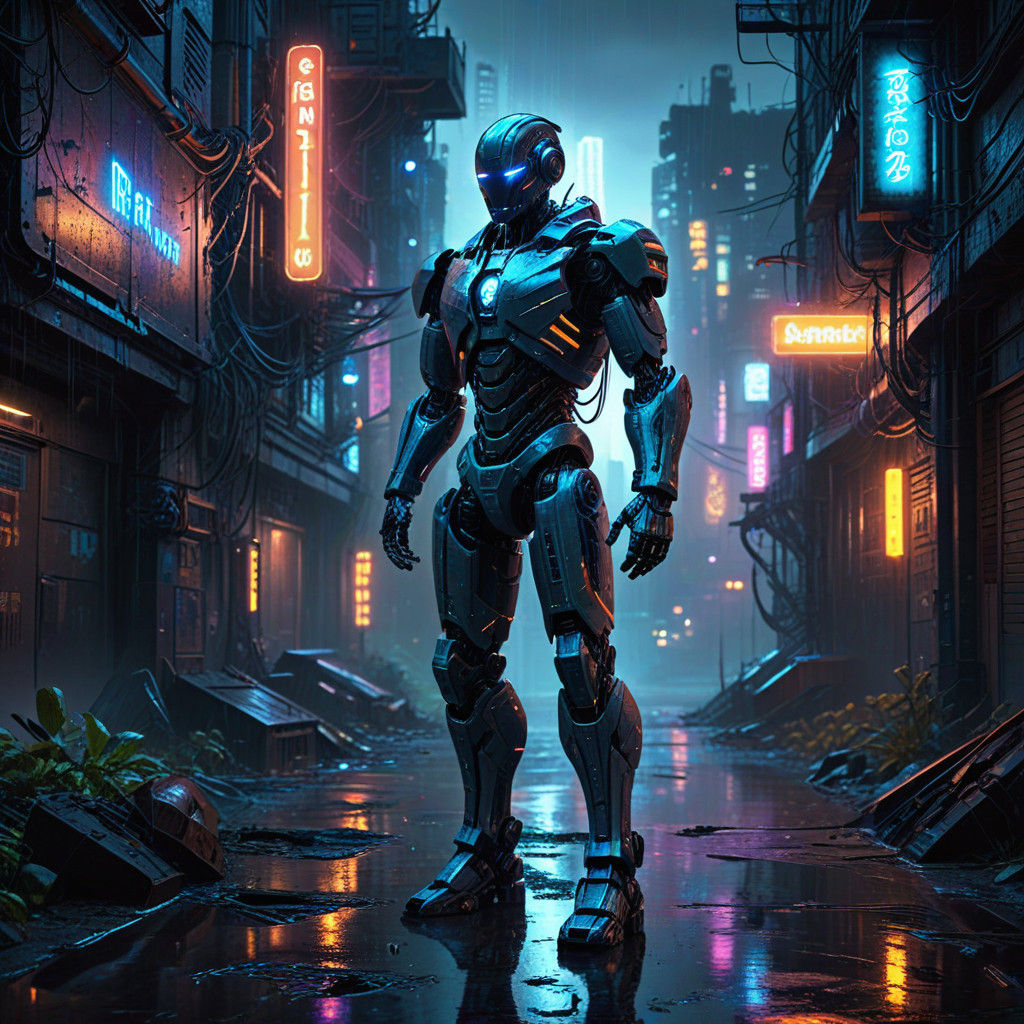 Futuristic Robot Amidst Abandoned Cityscape in Neon-Lit Digi...