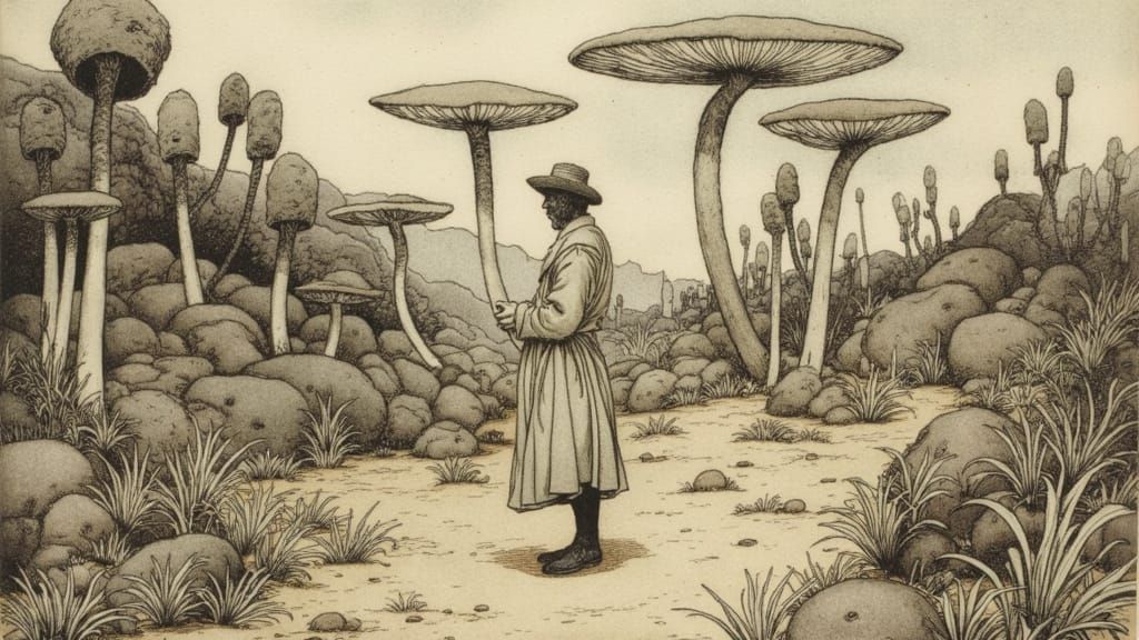 19th Century Etching of Desert Dust Storm with Alien Flora