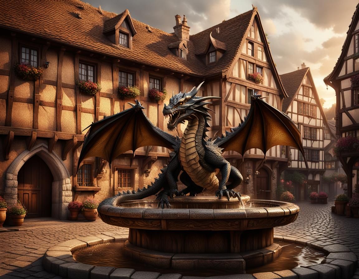 Dragon in Medieval Village: Hyper-Realistic Digital Art