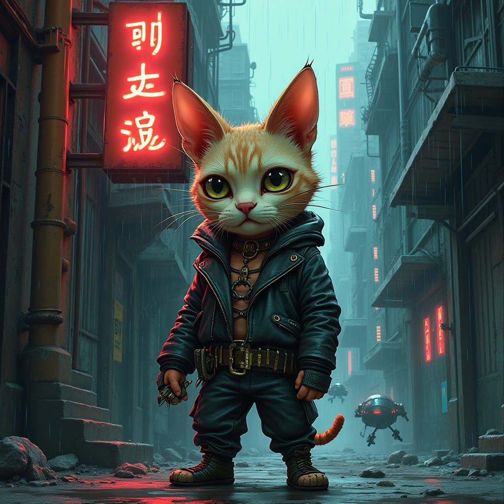 Anthropomorphic Cat in Cyberpunk Alleyway
