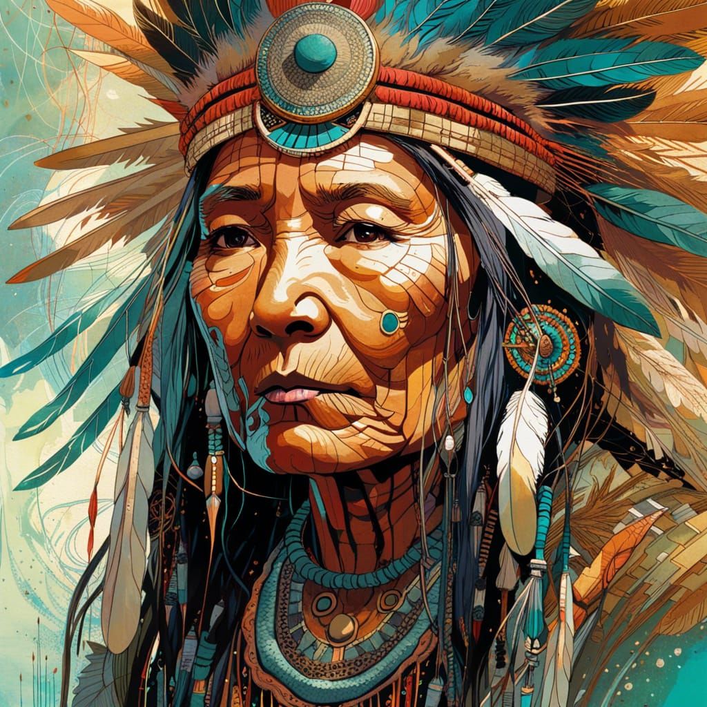 Detailed Portrait of Native American Woman in Digital Painti...