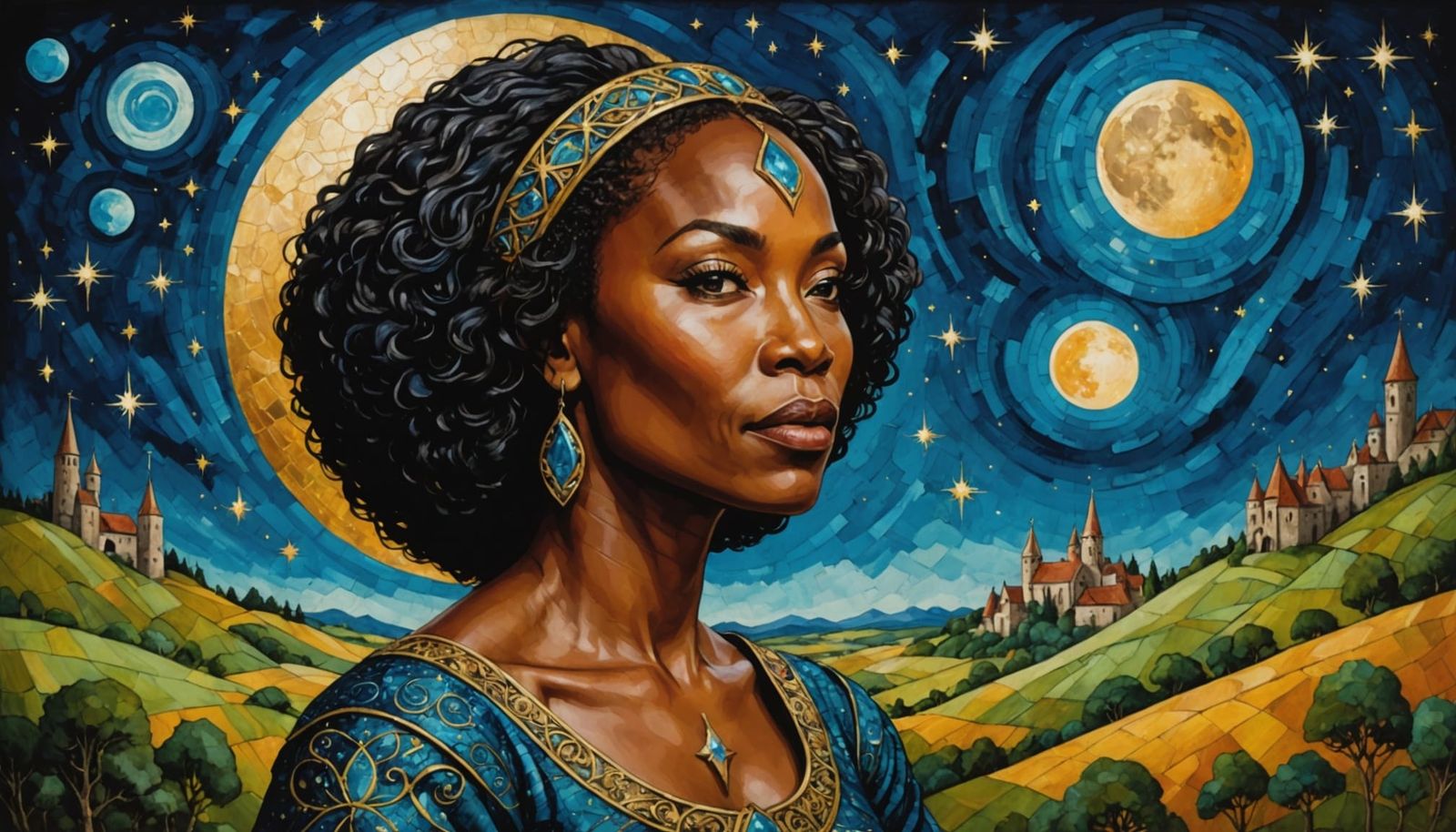 Portrait Celestial Angela Bassett Medieval Moonscape Oil On Copper Leaf Charles Bibbs