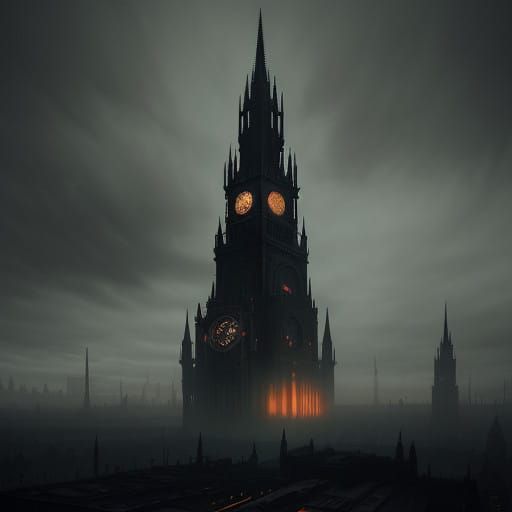 Dark Victorian Cityscape with Gothic Spires and Steam Punk M...
