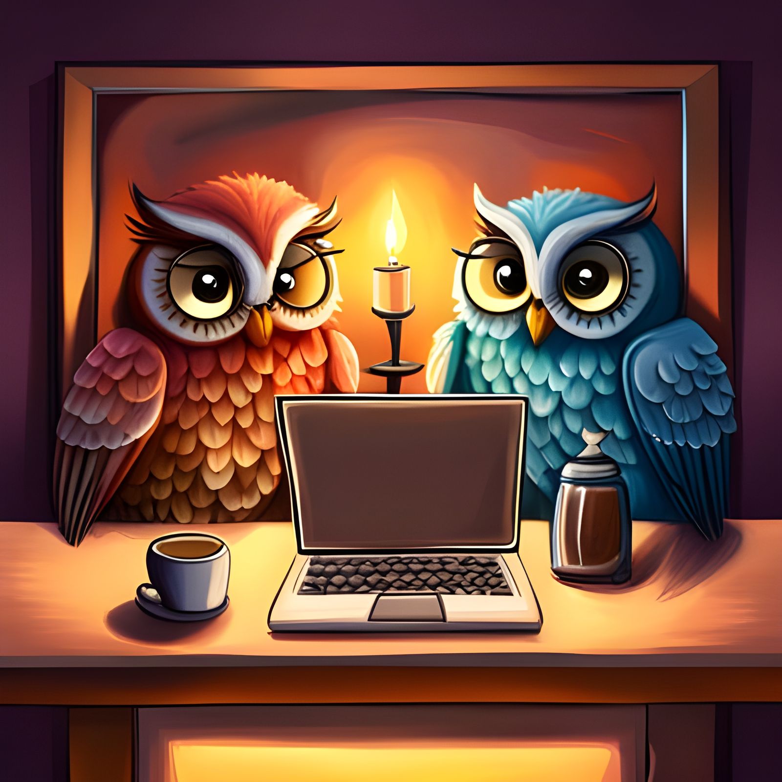 Owls in a Coffee Shop: Digital Illustration