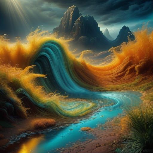 Vibrant Oasis Mirage in Dreamlike Desert Landscape