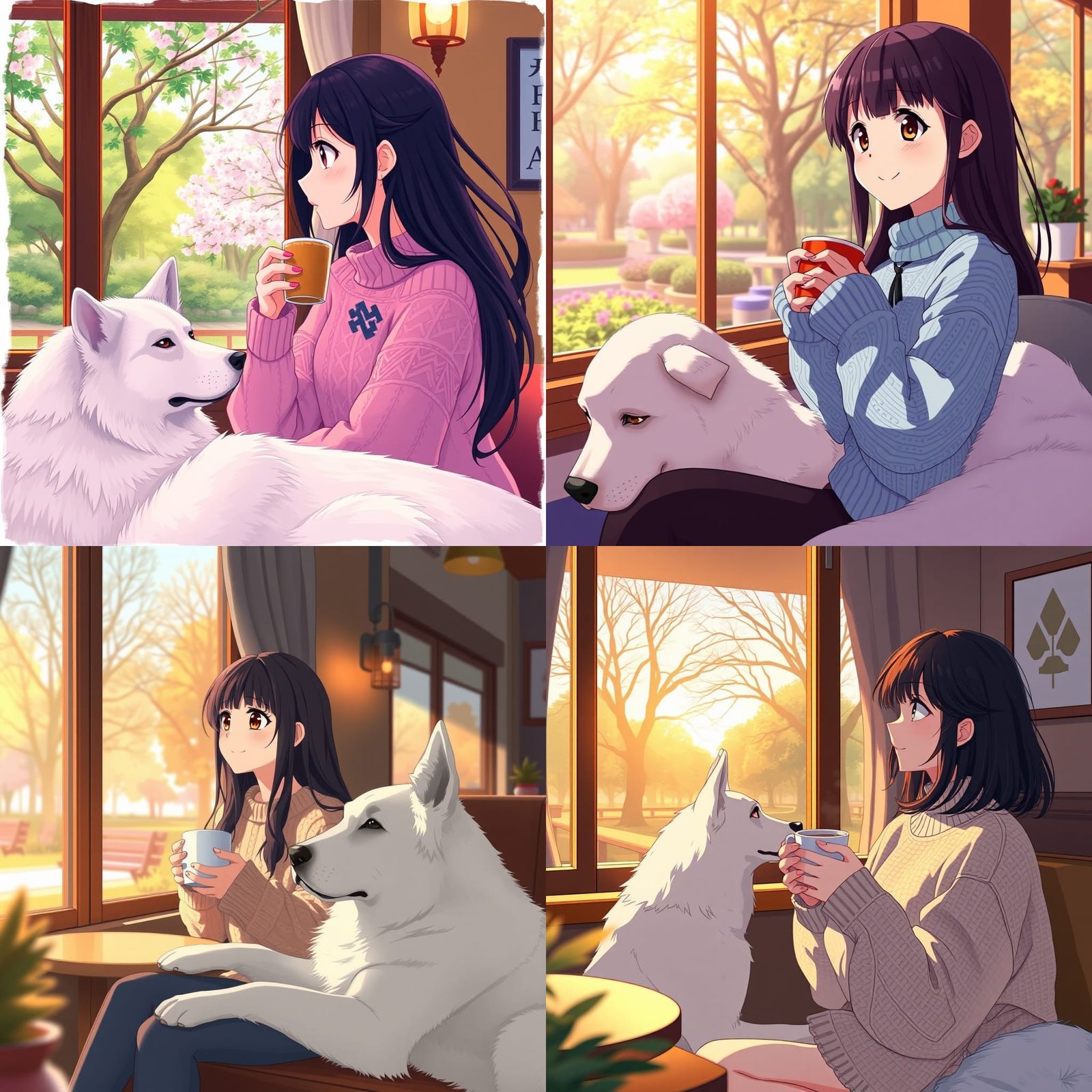 Anime Girl with Dog in Cafe, Cel-Shaded Style