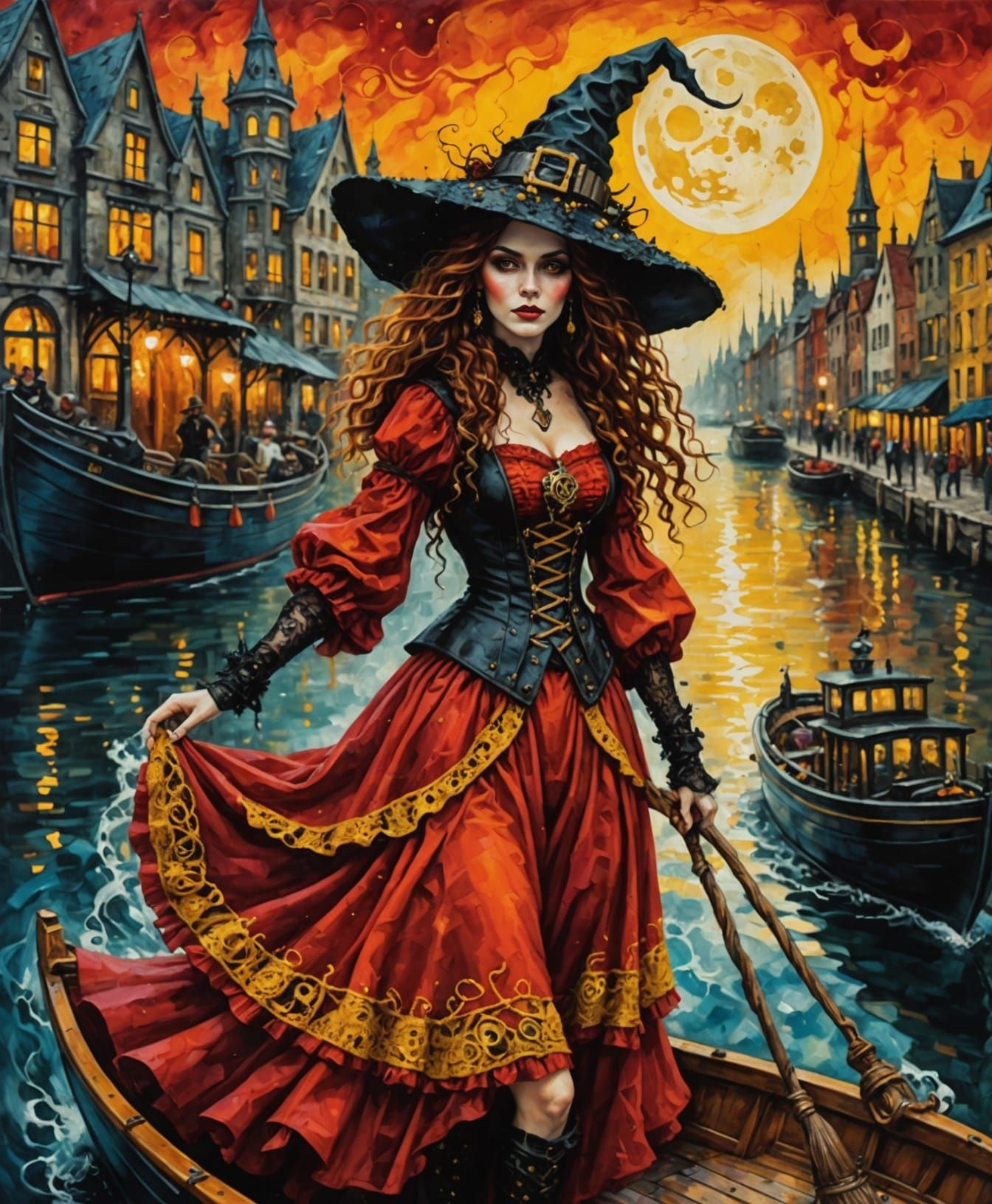 Steampunk Witch in Red Dress Drives Boat Amidst Night City