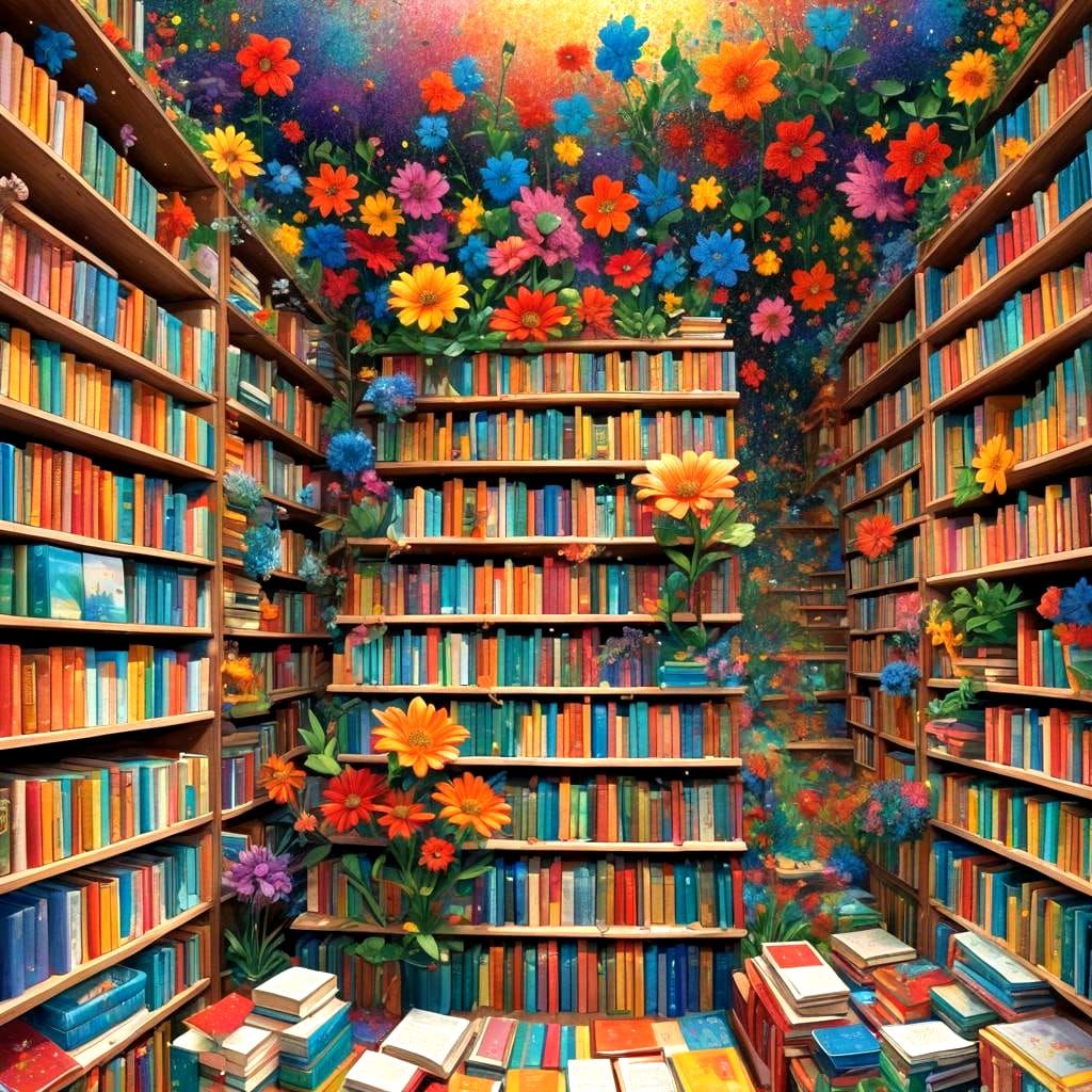 pointillism color gradient, a distorted flower garden inside...