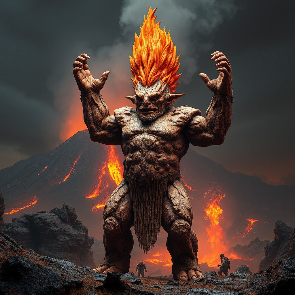 Colossal Rock Humanoid in Volcanic Landscape