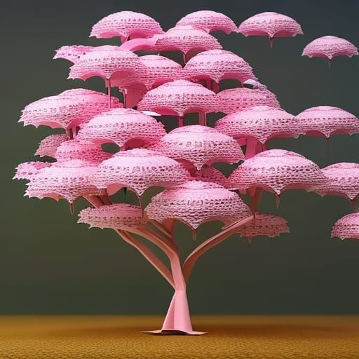 Pink Blossoming Tree in Origami Papercraft Style