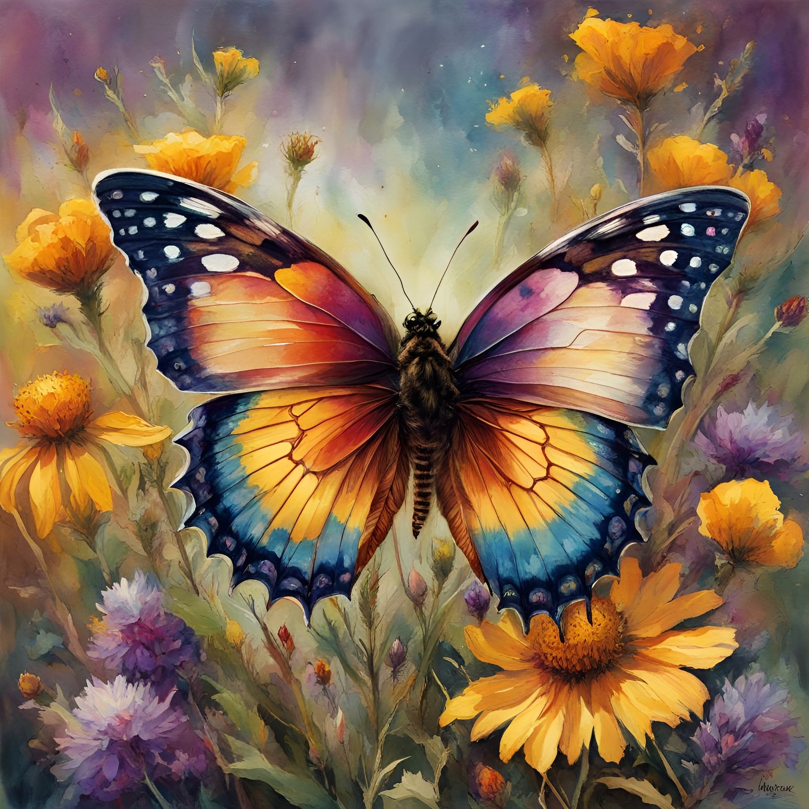 Polychromatic Butterfly on Wildflower in Watercolor Style
