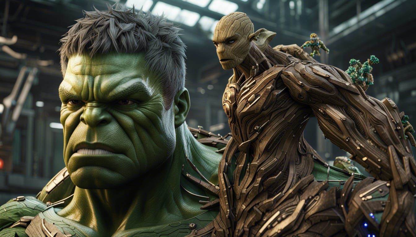 Hulk and Groot Armored Superhero Render