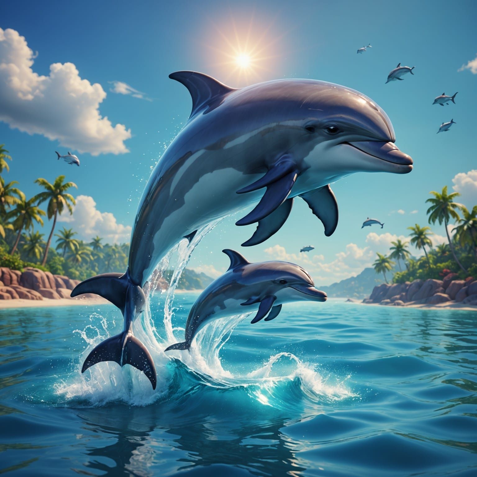 Surreal Dolphin Dives into Radiant Waters