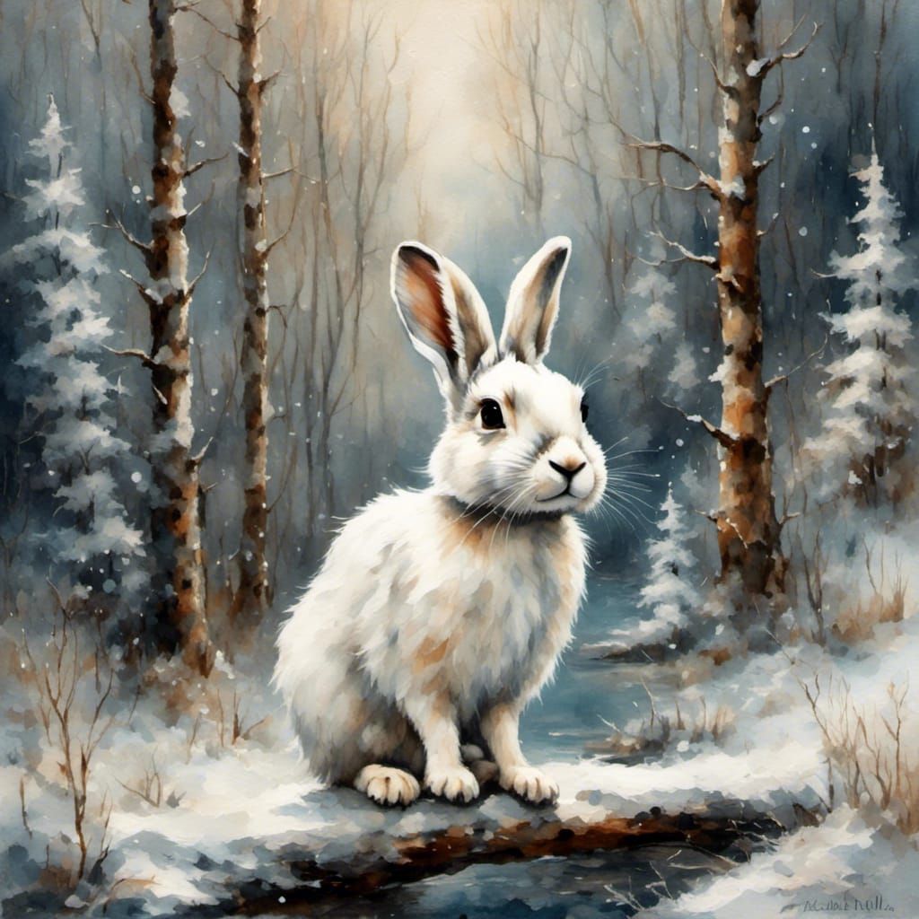 Chibi Snowshoe Hare in Winter Watercolor Landscape