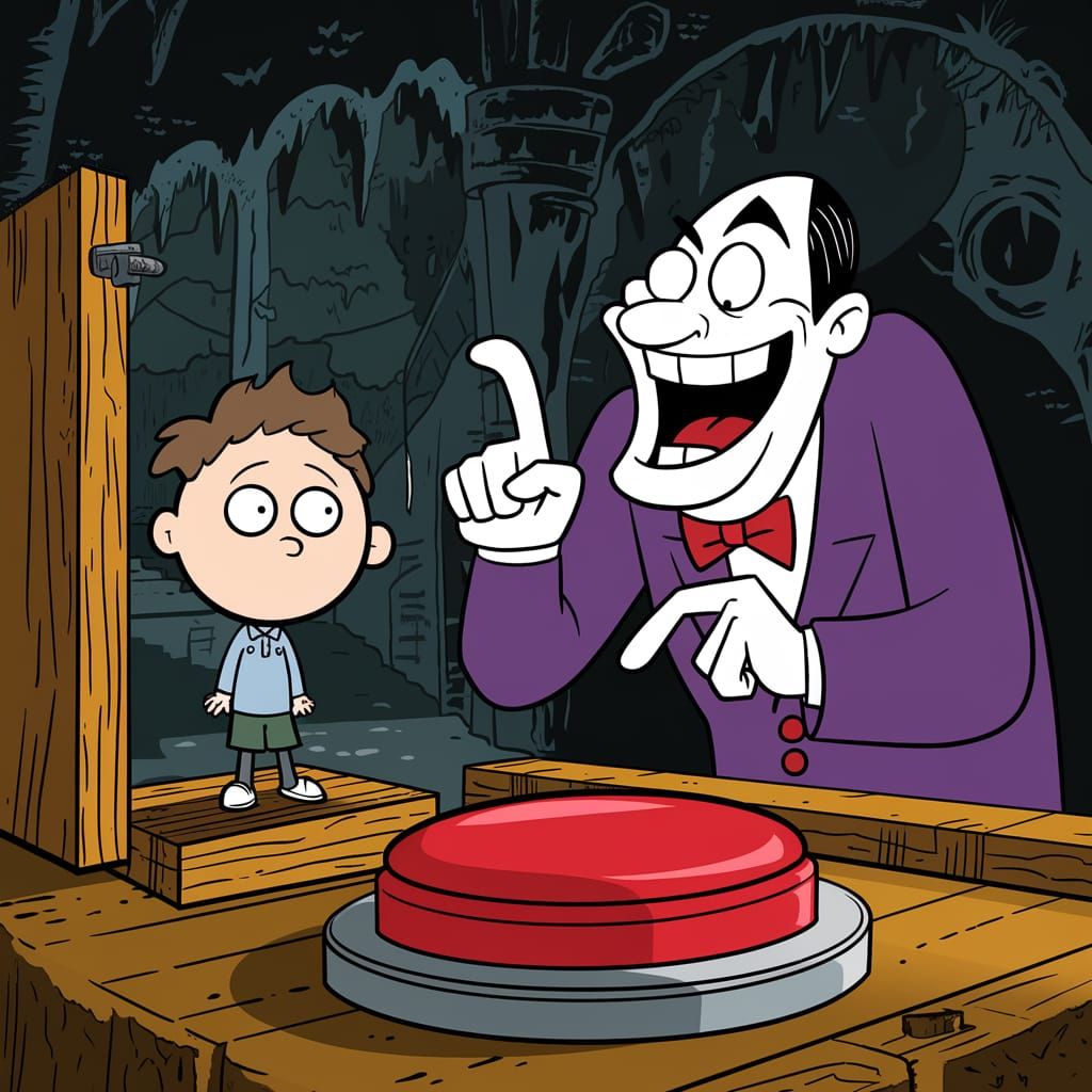 Boy Trapped by Smug Villain in a Dark Cartoon Cellar