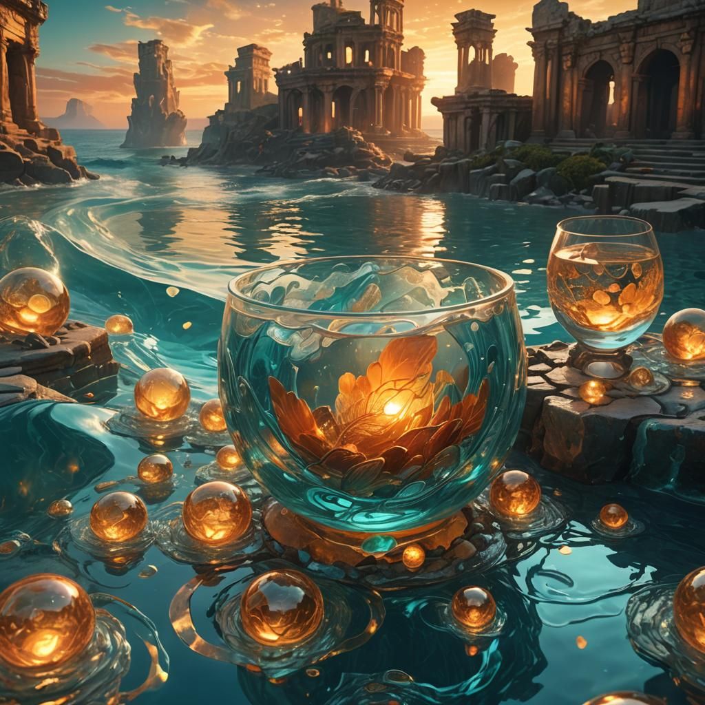 Glowing Glass Sea Sunset Fantasy Art