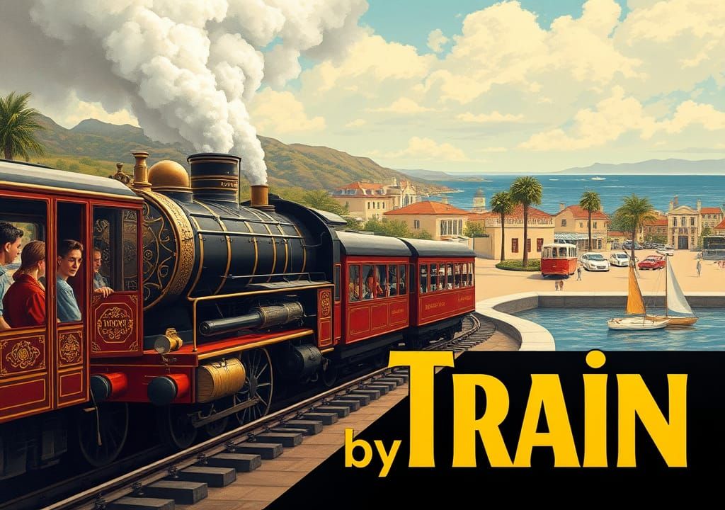 Vintage Steam Train at Seaside Resort, 1930s Poster Style