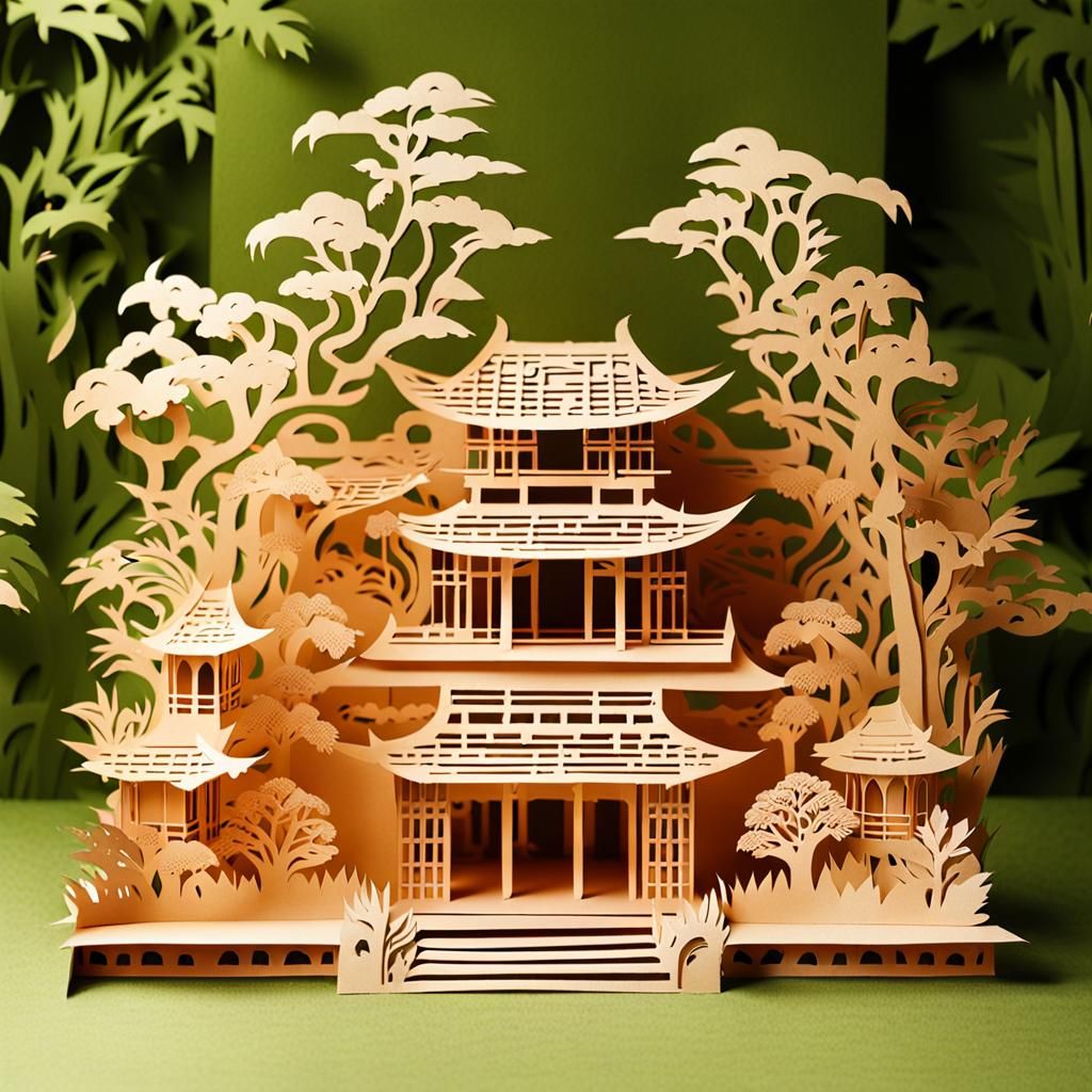Kirigami Paper Ancient Temple Scene