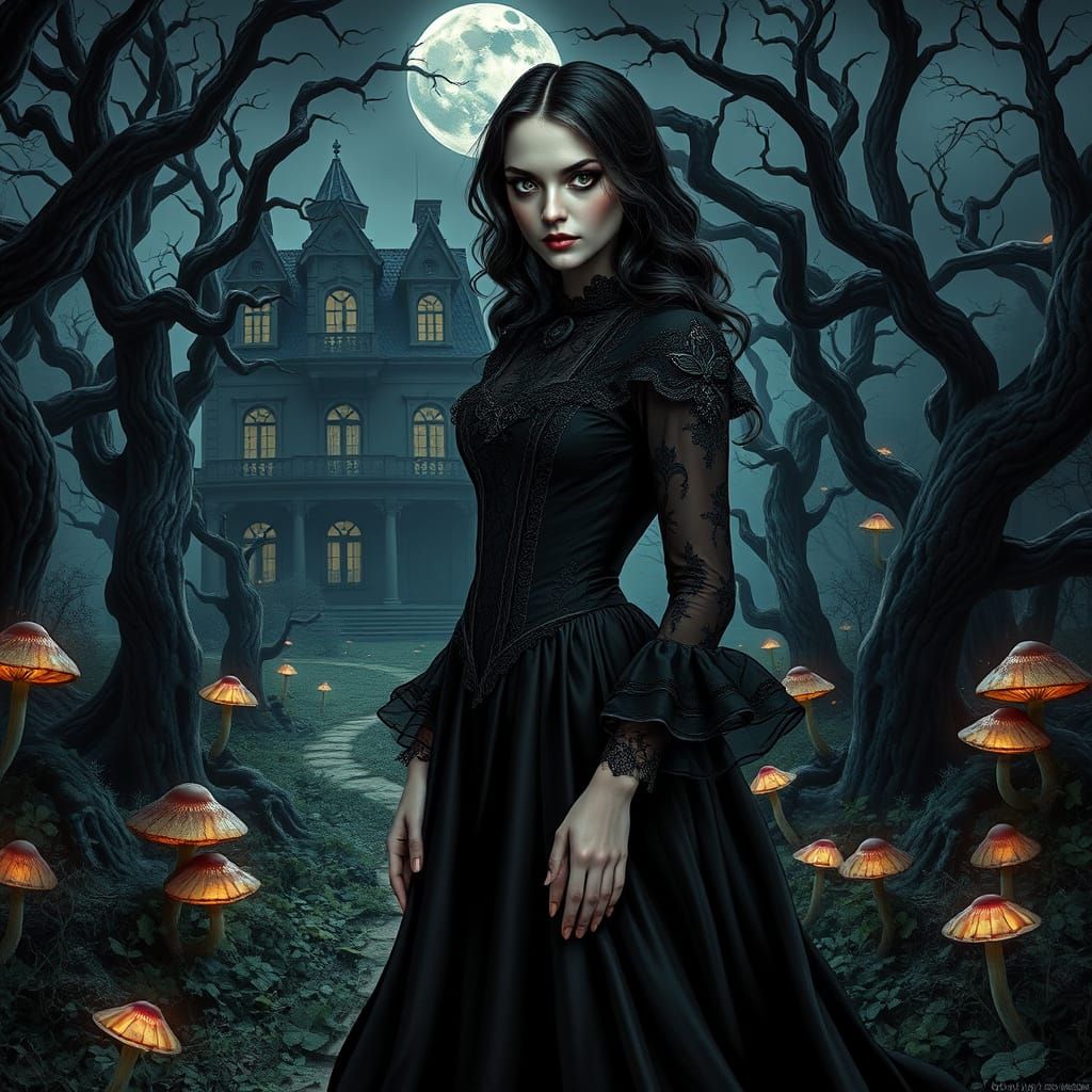 Dark Gothic Hybrid Enchantress Under Moonlit Trees
