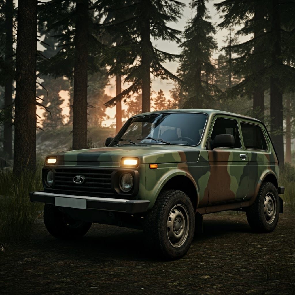 Camouflaged Lada Niva in a Coniferous Forest at Sunset
