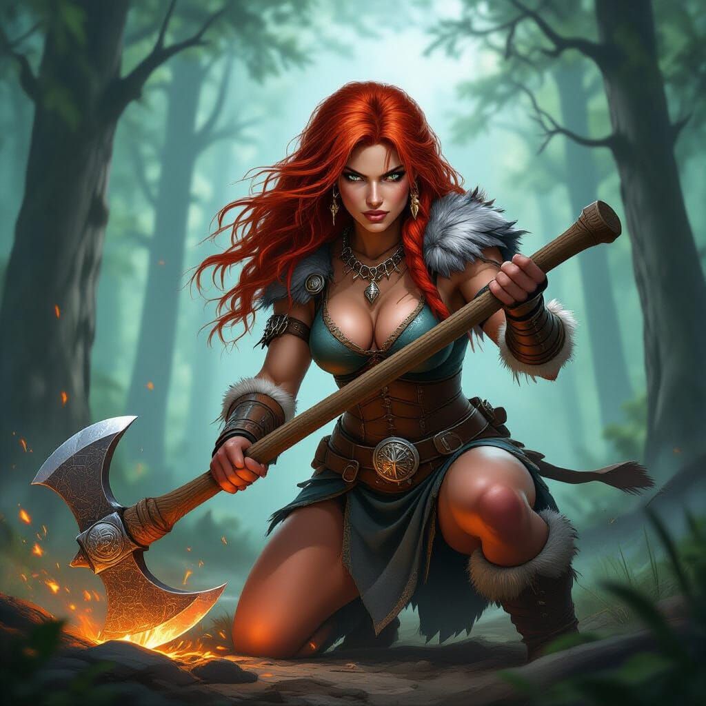 Red-Haired Barbarian Sharpening Axe in Forest