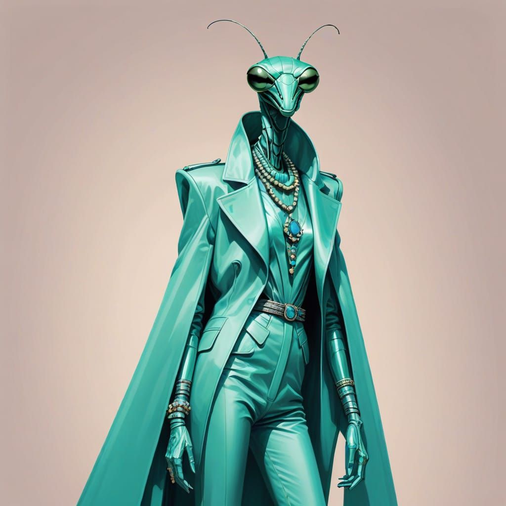 Mantis Model in Turquoise Outfit: Fashion Illustration